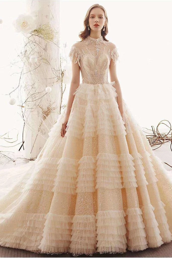 Anneprom Princess High Neck Ball Gown Wedding Dresses, Short Sleeves Bridal Dress APW0148
