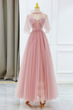 Pink Tulle Beaded Long Prom Dress, Pink Formal Dress Party Dress