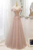 Pink Tulle Sequins Long Prom Dresses, A Line Off the Shoulder Evening Dresses APP0855
