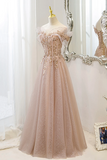Pink Tulle Sequins Long Prom Dresses, A Line Off the Shoulder Evening Dresses APP0855