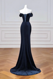 Mermaid Velvet Dark Blue Long Prom Dress, Long Formal Dress APP1232