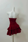 Wine Red Velvet Short Party Dress Homecoming Dress, Strapless Formal Dress APH0341