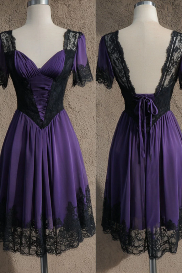 A Line Purple Chiffon with Black Lace Wedding Party Dress, Short Homecoming Dress APH0342