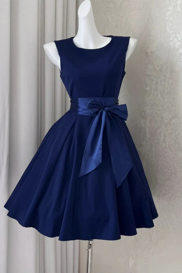 Blue Round Neckline Knee Length Homecoming Dress with Bow, Short Party Dress APH0345