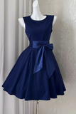 Blue Round Neckline Knee Length Homecoming Dress with Bow, Short Party Dress APH0345