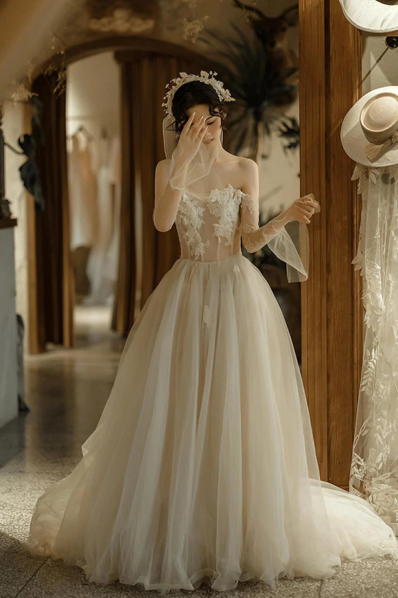 Light Champagne Tulle Lace Long Prom Dress, A Line Strapless Evening Party Dress APW0432