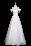 A Line Off Shoulder Organza White Long Prom Dress, Long Formal Dress APP1247