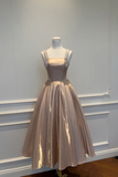 Champagne Satin A Line Formal Gown with Crystal Embellished Straps APP1254