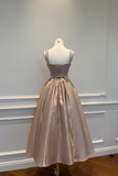 Champagne Satin A Line Formal Gown with Crystal Embellished Straps APP1254