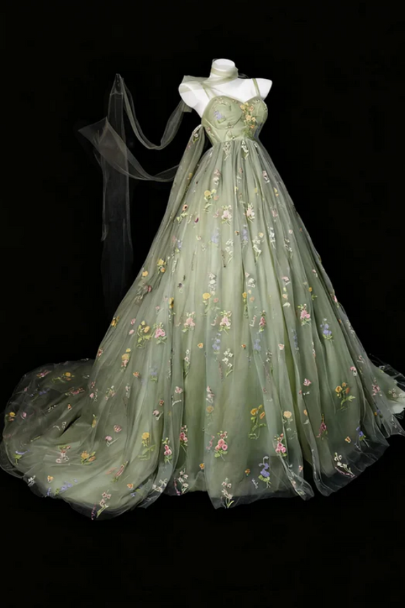 Green Sweetheart Floral Tulle Straps Long Evening Dress, A Line Prom Dress APP1255
