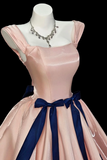 Pink Satin Ball Gown with Navy Ribbon Waist, A Line Formal Evening Gown APP1258