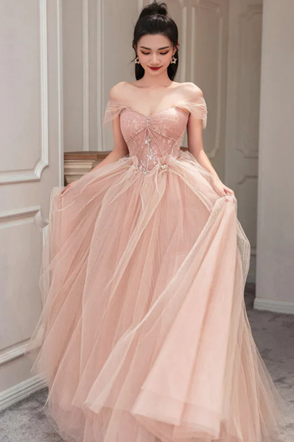 A Line Pink Tulle Beaded Sweetheart Off Shoulder Evening Dress, Prom Dress APP1260