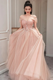 A Line Pink Tulle Beaded Sweetheart Off Shoulder Evening Dress, Prom Dress APP1260