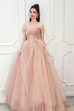 A Line Pink Tulle Beaded Sweetheart Off Shoulder Evening Dress, Prom Dress APP1260