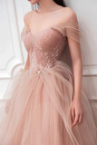 A Line Pink Tulle Beaded Sweetheart Off Shoulder Evening Dress, Prom Dress APP1260