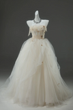 Elegant white wedding dress on a mannequin against a dark background