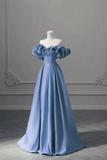 A Line Blue Satin Off Shoulder Long Formal Dress, Evening Prom Dress APP1270