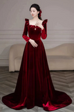 Wine Red Velvet Long Sleeves Long Prom Dress, Wedding Party Dress APP1271