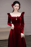 Wine Red Velvet Long Sleeves Long Prom Dress, Wedding Party Dress APP1271