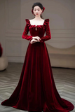 Wine Red Velvet Long Sleeves Long Prom Dress, Wedding Party Dress APP1271