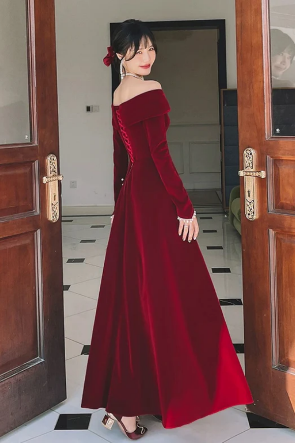 Wine Red Velvet Long Sleeves A Line Evening Dress, Prom Dress APP1172 Anneprom Wine Red Velvet Long Sleeves A Line Evening Dress, Prom Dress APP1172 Anneprom