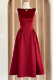 Wine Red Satin Tea Length Wedding Party Dress, Party Dress APH0323