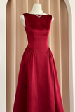 Wine Red Satin Tea Length Wedding Party Dress, Party Dress APH0323