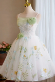 White dress with floral embroidery on a mannequin against a neutral background