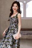Blue Floral Satin Short Prom Dress, A Line Backless Evening Party Dress APH0329
