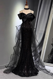 Sparkly Black Evening Gown, Off Shoulder Mermaid Prom Party Dress APP1282