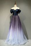 A Line Sweetheart Neck Off Shoulder Satin Tulle Purple Long Prom Dress APP1286