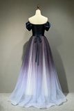 A Line Sweetheart Neck Off Shoulder Satin Tulle Purple Long Prom Dress APP1286