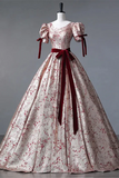Floral Princess Gown with Burgundy Bows And Puff Sleeves, V Neckline Prom Formal Dress APP1287