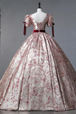 Floral Princess Gown with Burgundy Bows And Puff Sleeves, V Neckline Prom Formal Dress APP1287