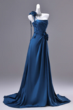 Blue evening gown on a mannequin against a gray background