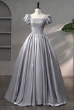 A Line Puff Sleeves Satin Lace Gray Long Prom Dress APP1301