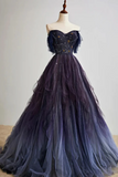Elegant purple evening gown on a mannequin against a plain background