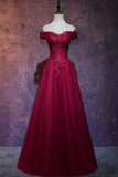 A Line Sweetheart Neck Off Shoulder Tulle Lace Burgundy Prom Dress with Beads APP1330