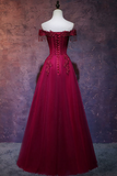 A Line Sweetheart Neck Off Shoulder Tulle Lace Burgundy Prom Dress with Beads APP1330