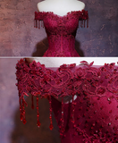 A Line Sweetheart Neck Off Shoulder Tulle Lace Burgundy Prom Dress with Beads APP1330