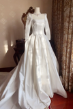 A Line Long Sleeves Satin Sweep Train White Prom Dress APP1331