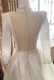 A Line Long Sleeves Satin Sweep Train White Prom Dress APP1331