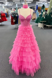 Spaghetti Strap Tiered Beaded Hot Pink Long Prom Dress APP1354