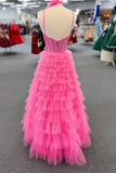 Spaghetti Strap Tiered Beaded Hot Pink Long Prom Dress APP1354