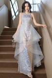 Cute Sequins Halter Party Dress with Layered Tulle High Low Skirt, Long Formal Prom Dress APP1355