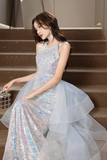 Cute Sequins Halter Party Dress with Layered Tulle High Low Skirt, Long Formal Prom Dress APP1355