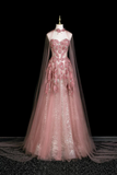 Dusty Pink 3D Floral Halter Sheer Tulle Long Evening Gown With Cape APP1356