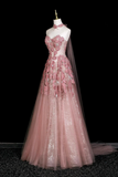 Dusty Pink 3D Floral Halter Sheer Tulle Long Evening Gown With Cape APP1356