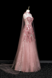 Dusty Pink 3D Floral Halter Sheer Tulle Long Evening Gown With Cape APP1356