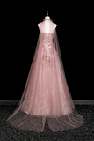 Dusty Pink 3D Floral Halter Sheer Tulle Long Evening Gown With Cape APP1356